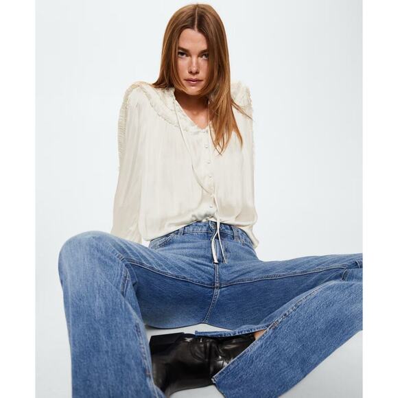 MNG MANGO BLOUSE RUFFLED SZ S LONG SLEEVE FLOWY ELASTIC CUFFS SOPHISTICATED Chic - Picture 2 of 16